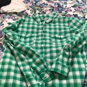 Green and purple plaid blouse